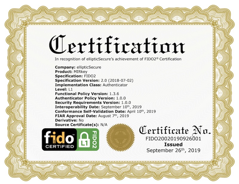 MIRkey FIDO2 Certificate